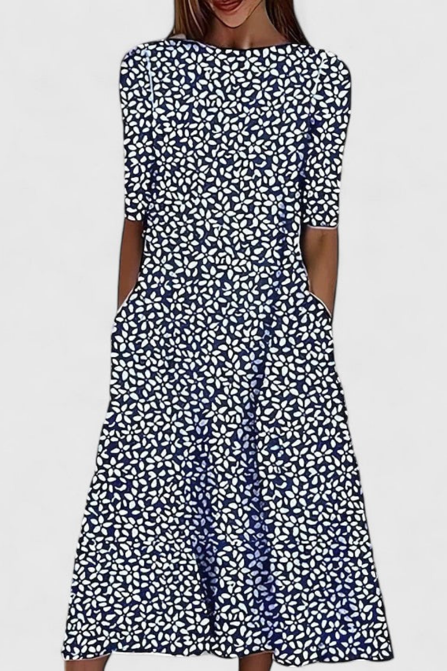 Robe Midi Florale Femme Col Rond Manches Courtes Poches Coupe A-Line Casual Été - Hiverline