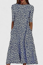 Robe Midi Florale Femme Col Rond Manches Courtes Poches Coupe A-Line Casual Été - Hiverline