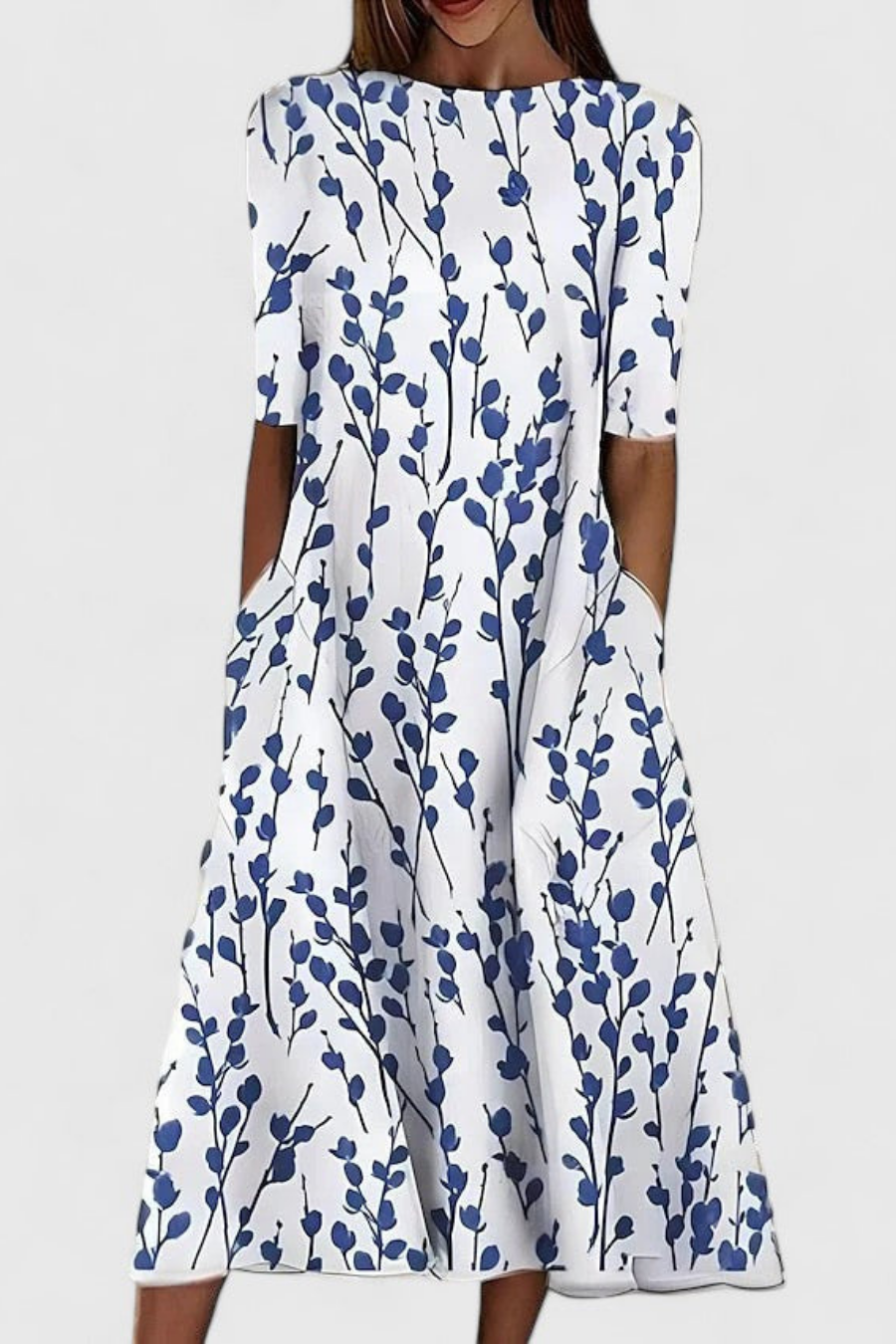 Robe Midi Florale Femme Col Rond Manches Courtes Poches Coupe A-Line Casual Été - Hiverline