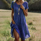 Robe Midi Florale Femme Col V Manches Courtes Bohème Décontractée Été Vacances Plage - Hiverline