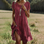 Robe Midi Florale Femme Col V Manches Courtes Bohème Décontractée Été Vacances Plage - Hiverline