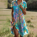 Robe Midi Florale Femme Col V Manches Courtes Bohème Décontractée Été Vacances Plage - Hiverline