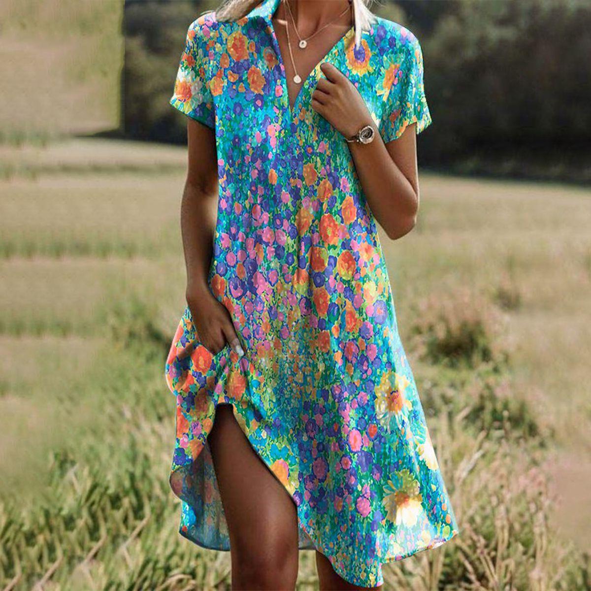 Robe Midi Florale Femme Col V Manches Courtes Bohème Décontractée Été Vacances Plage - Hiverline