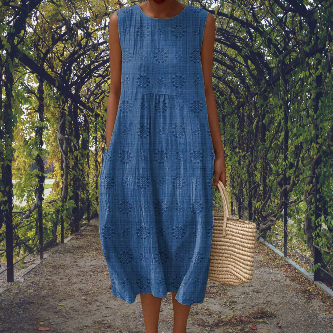 Robe Midi Sans Manches Femme Brodée Coton Froissé Casual Été Jardin - Hiverline