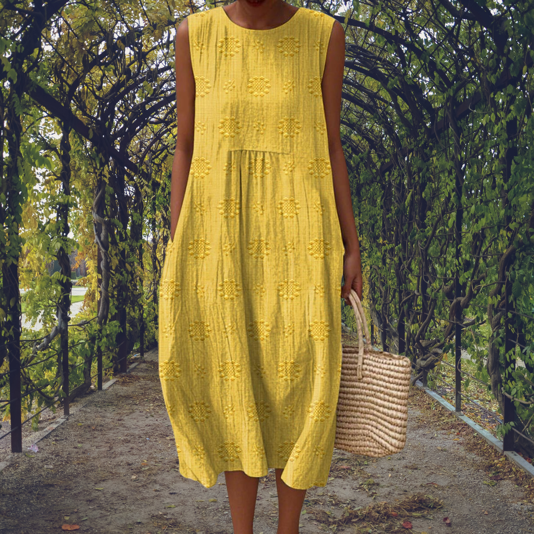 Robe Midi Sans Manches Femme Brodée Coton Froissé Casual Été Jardin - Hiverline