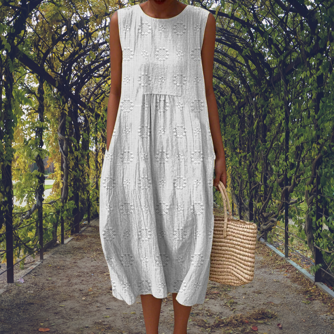 Robe Midi Sans Manches Femme Brodée Coton Froissé Casual Été Jardin - Hiverline