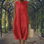 Robe Midi Sans Manches Femme Brodée Coton Froissé Casual Été Jardin - Hiverline