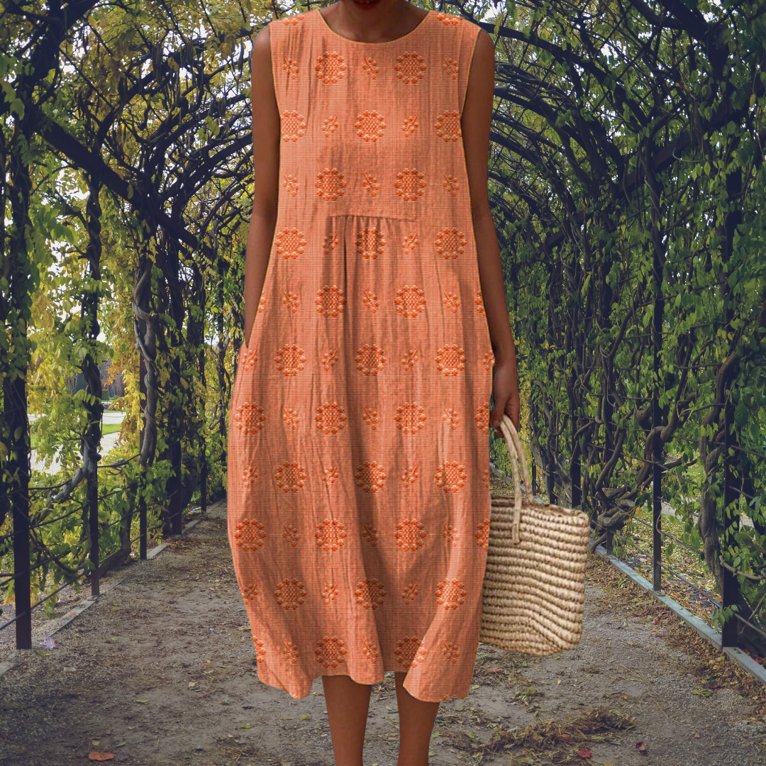 Robe Midi Sans Manches Femme Brodée Coton Froissé Casual Été Jardin - Hiverline