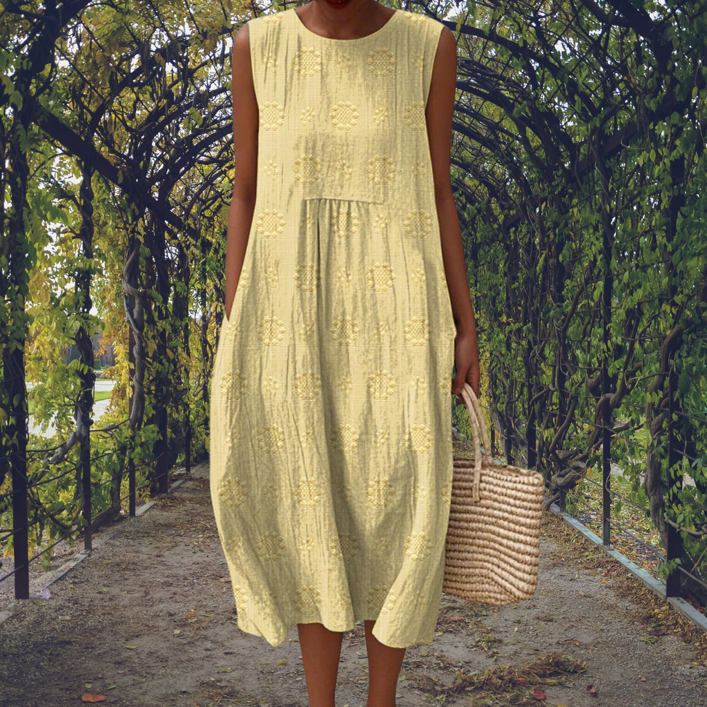 Robe Midi Sans Manches Femme Brodée Coton Froissé Casual Été Jardin - Hiverline
