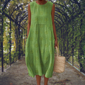 Robe Midi Sans Manches Femme Brodée Coton Froissé Casual Été Jardin - Hiverline