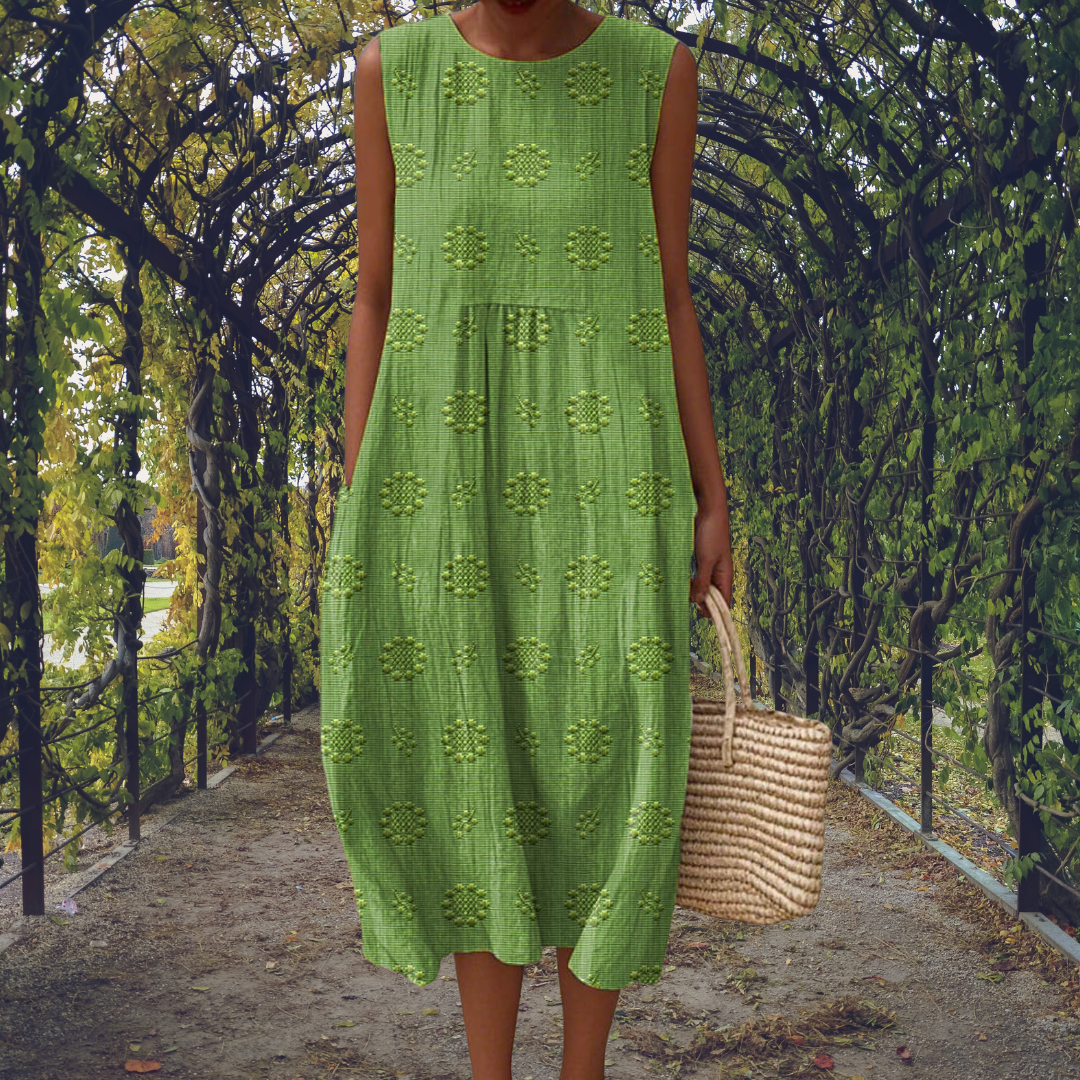 Robe Midi Sans Manches Femme Brodée Coton Froissé Casual Été Jardin - Hiverline