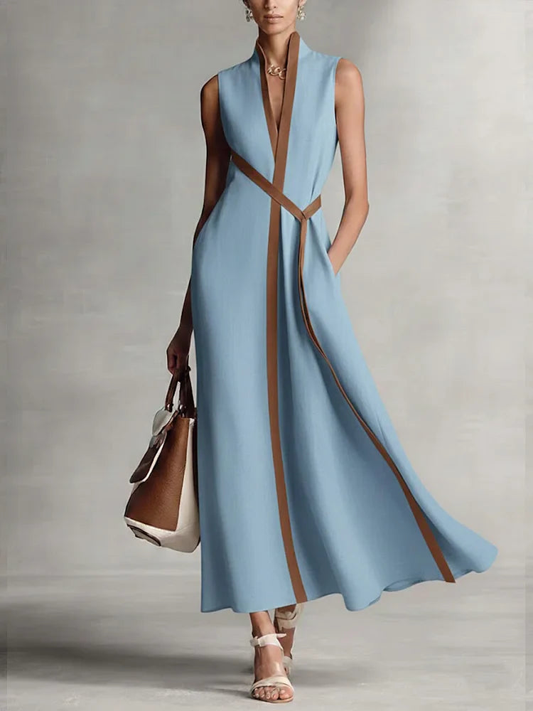 Robe Midi Sans Manches Femme Col V Coupe Ample Bureau Vacances Été - Hiverline