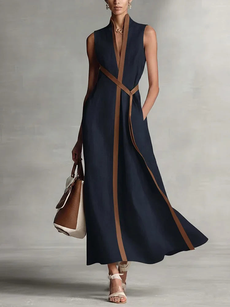 Robe Midi Sans Manches Femme Col V Coupe Ample Bureau Vacances Été - Hiverline