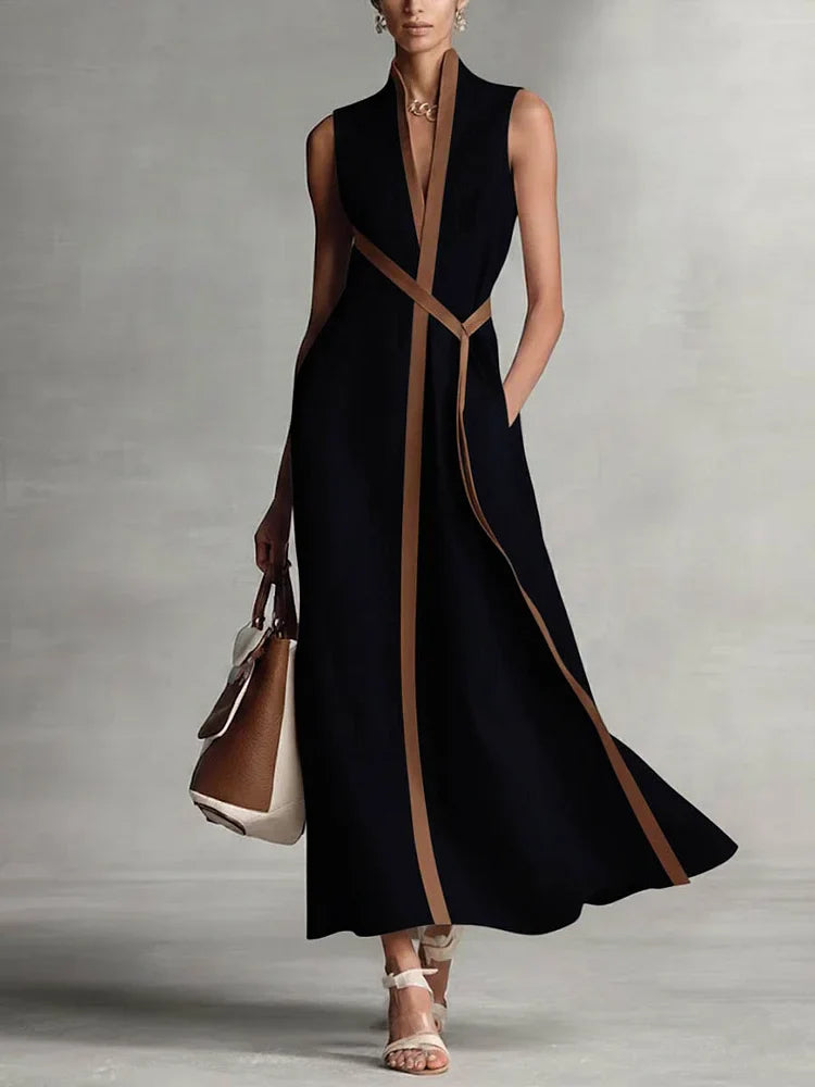 Robe Midi Sans Manches Femme Col V Coupe Ample Bureau Vacances Été - Hiverline