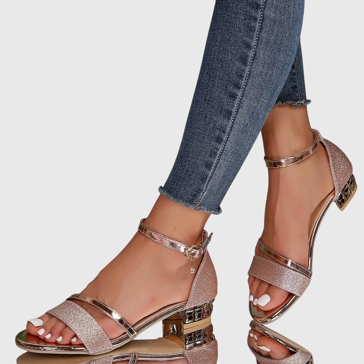 Sandales à Talons Bloc Femme Bride Cheville Dorée Soirée Casual - Hiverline