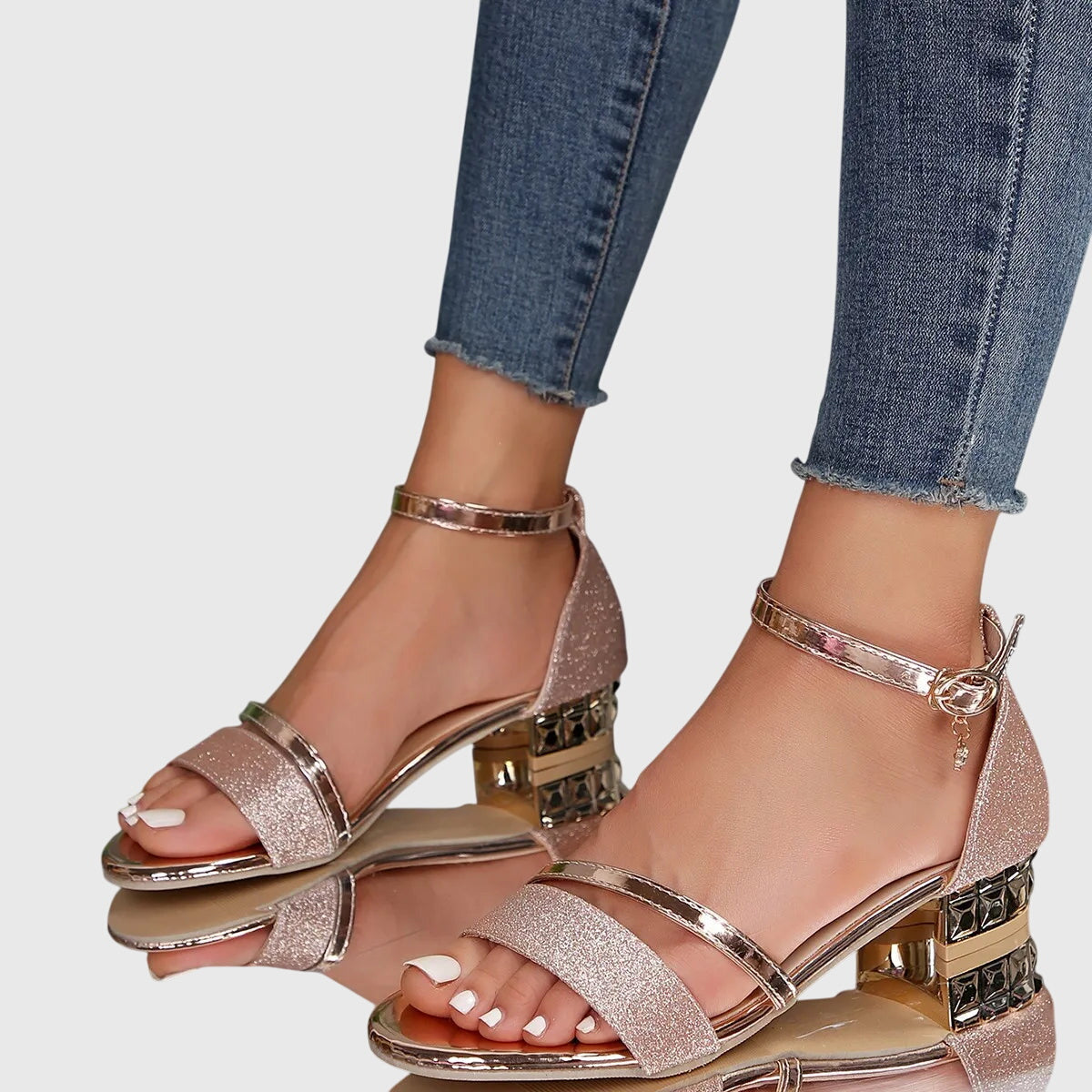Sandales à Talons Bloc Femme Bride Cheville Dorée Soirée Casual - Hiverline