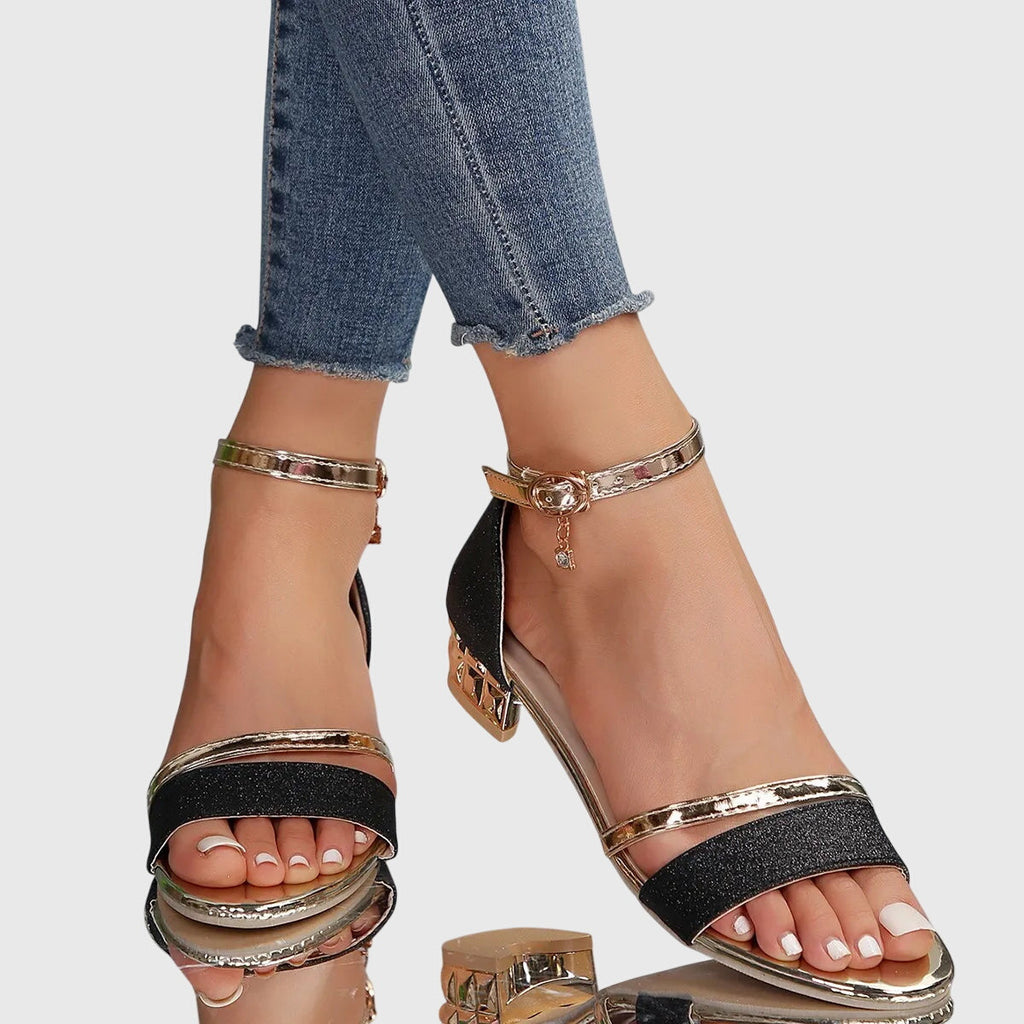 Sandales à Talons Bloc Femme Bride Cheville Dorée Soirée Casual - Hiverline