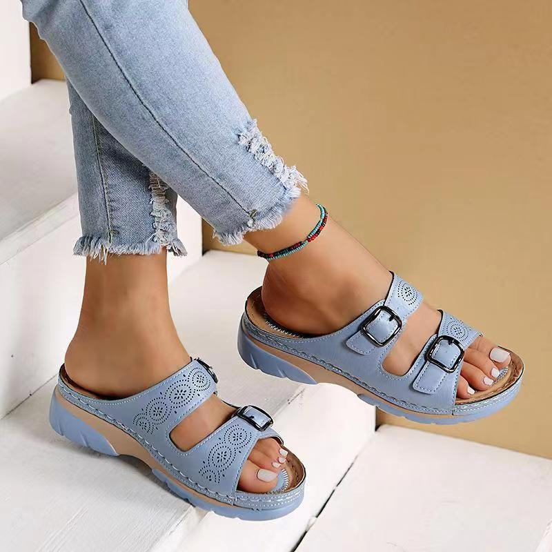 Sandales Compensées à Enfiler Femme Double Bride à Boucle Plateforme Casual Été Marche - Hiverline