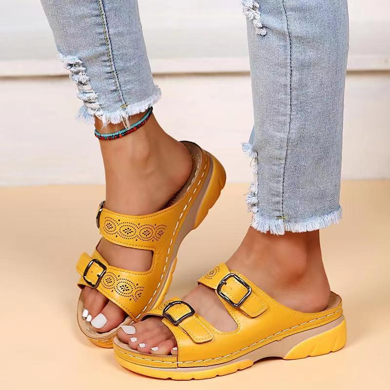 Sandales Compensées à Enfiler Femme Double Bride à Boucle Plateforme Casual Été Marche - Hiverline