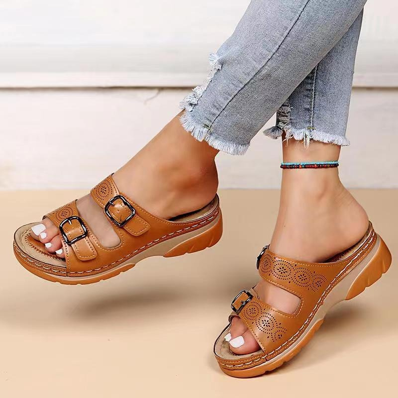 Sandales Compensées à Enfiler Femme Double Bride à Boucle Plateforme Casual Été Marche - Hiverline