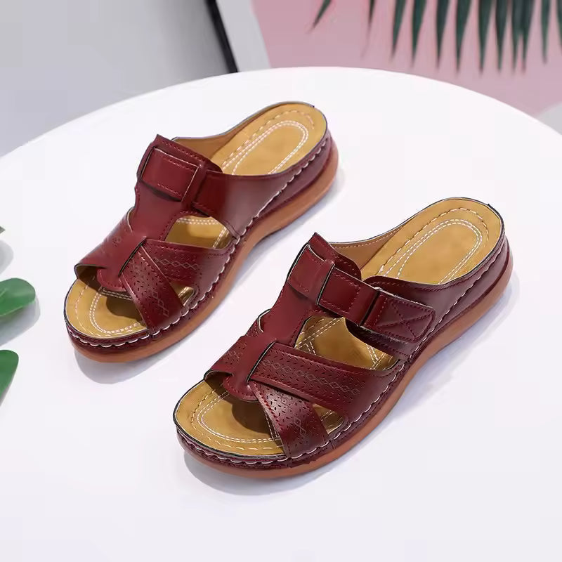 Sandales Femme Slip-On Cuir Semelle Coussinée Casual Été Marche Légères - Hiverline