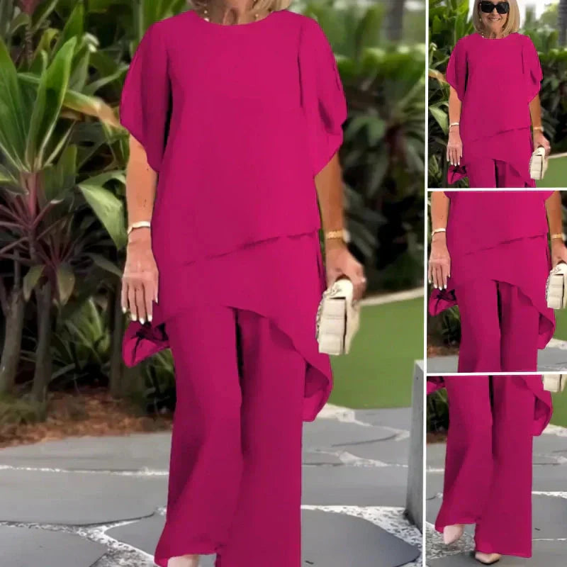 Damen Büro-Outfit mit drapiertem Oberteil und weitem, asymmetrischem Palazzo-Hose – Sienna