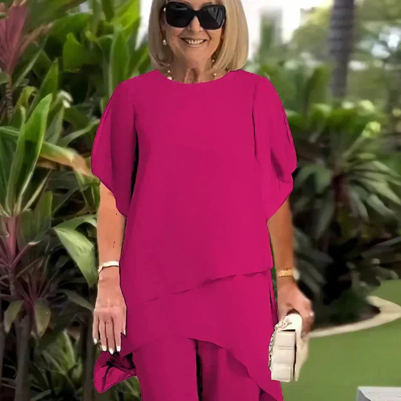 Damen Büro-Outfit mit drapiertem Oberteil und weitem, asymmetrischem Palazzo-Hose – Sienna