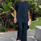 Damen Büro-Outfit mit drapiertem Oberteil und weitem, asymmetrischem Palazzo-Hose – Sienna