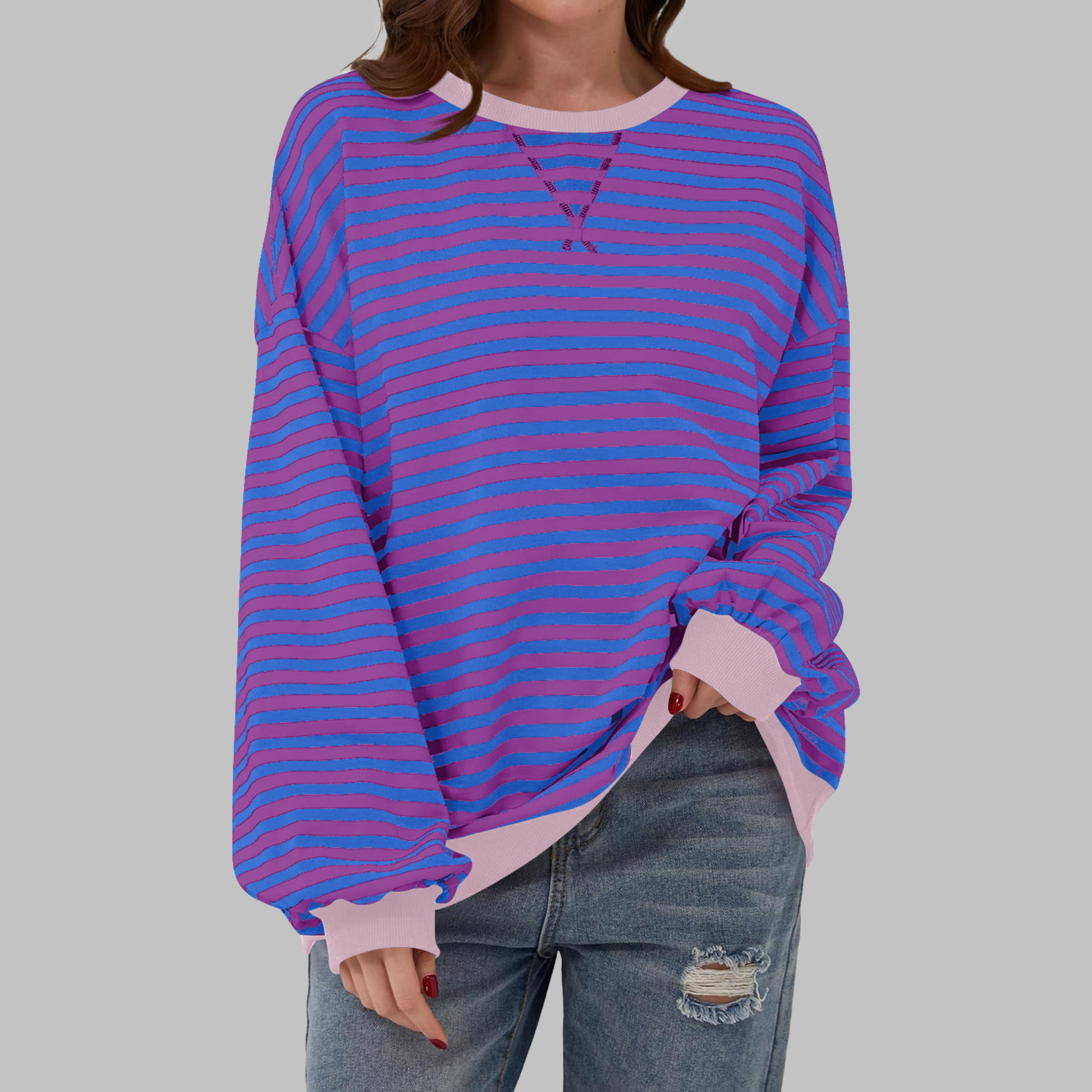 Sweat-shirt Femme Rayé Col Rond Manches Longues Oversize Casual - Hiverline