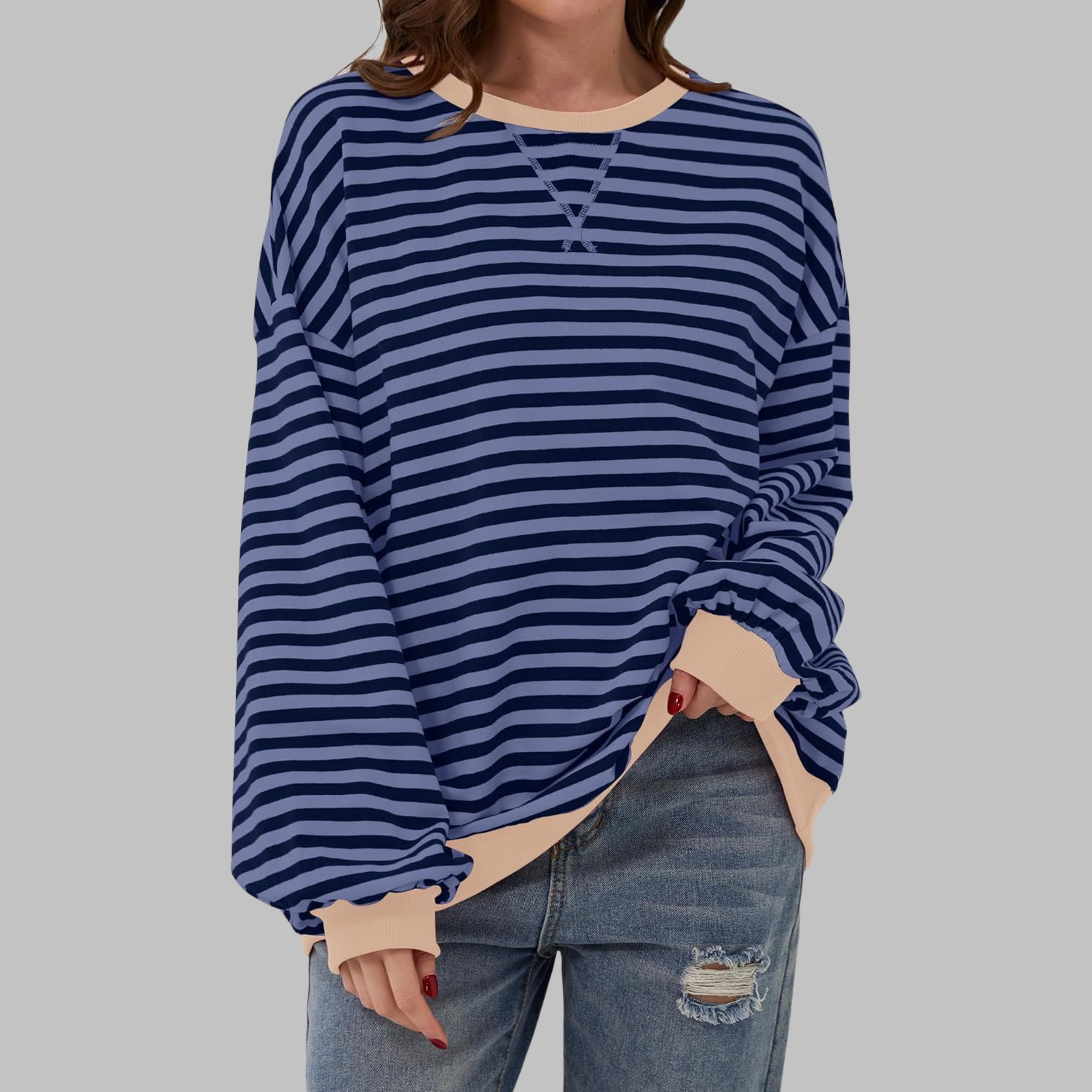 Sweat-shirt Femme Rayé Col Rond Manches Longues Oversize Casual - Hiverline