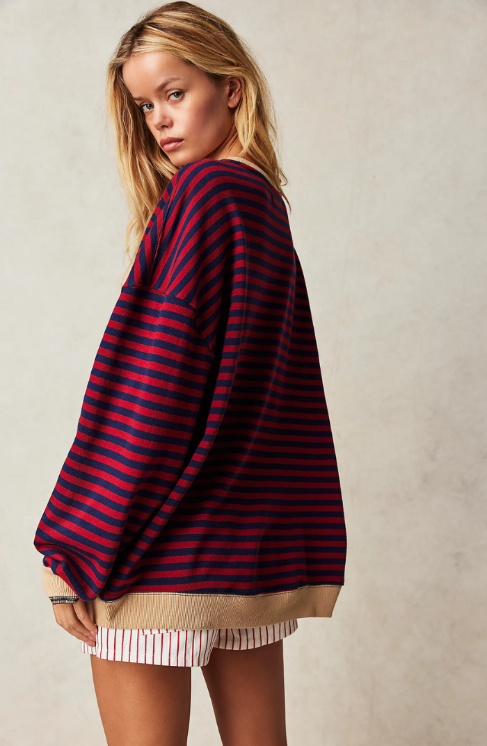 Sweatshirt Femme Oversize Rayé Épaules Tombantes Finition Contrastée Néon Casual - Hiverline