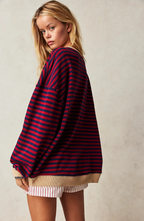 Sweatshirt Femme Oversize Rayé Épaules Tombantes Finition Contrastée Néon Casual - Hiverline