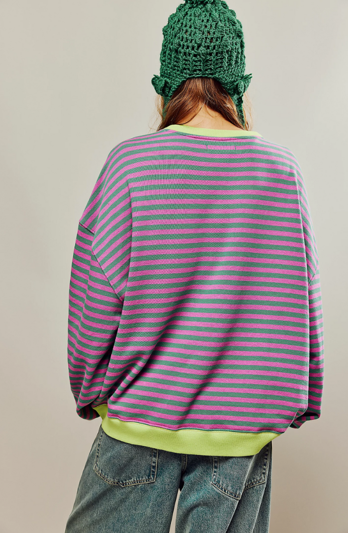 Sweatshirt Femme Oversize Rayé Épaules Tombantes Finition Contrastée Néon Casual - Hiverline