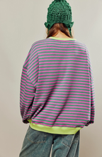 Sweatshirt Femme Oversize Rayé Épaules Tombantes Finition Contrastée Néon Casual - Hiverline