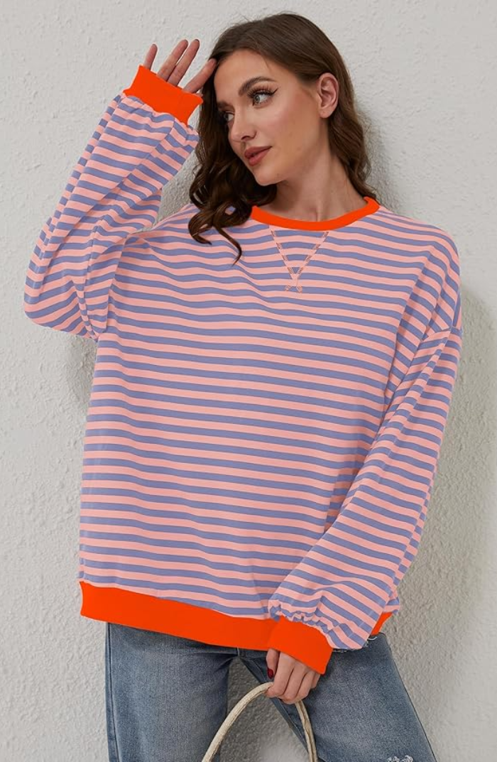 Sweatshirt Femme Oversize Rayé Épaules Tombantes Finition Contrastée Néon Casual - Hiverline