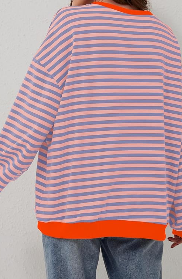 Sweatshirt Femme Oversize Rayé Épaules Tombantes Finition Contrastée Néon Casual - Hiverline