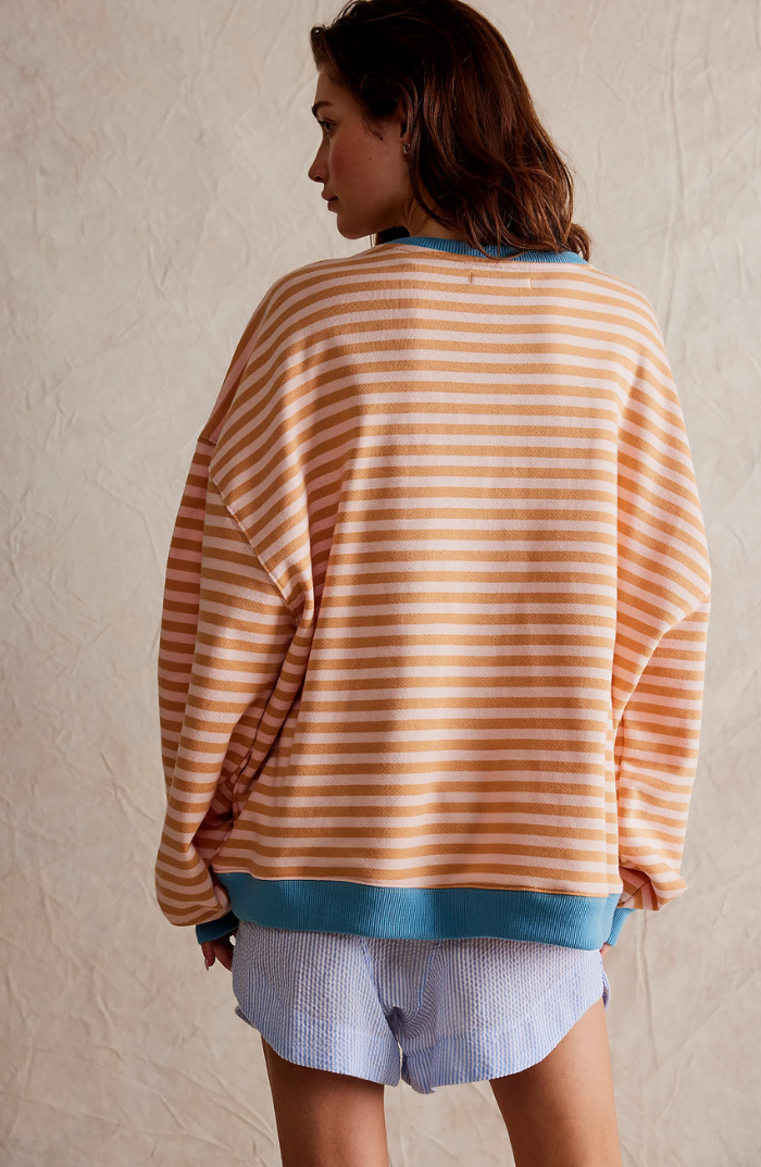 Sweatshirt Femme Oversize Rayé Épaules Tombantes Finition Contrastée Néon Casual - Hiverline