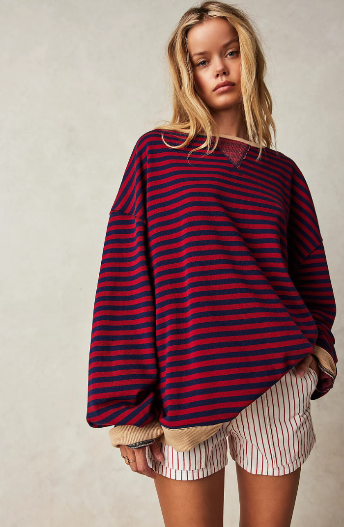 Sweatshirt Femme Oversize Rayé Épaules Tombantes Finition Contrastée Néon Casual - Hiverline