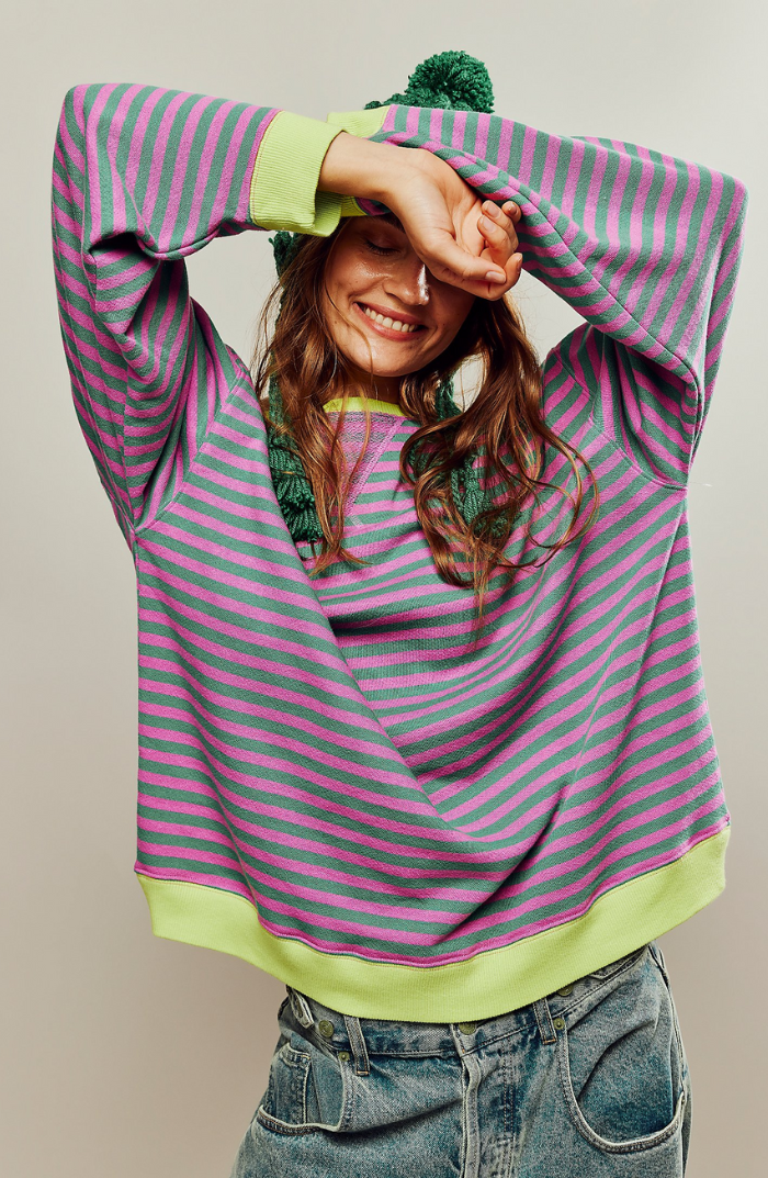 Sweatshirt Femme Oversize Rayé Épaules Tombantes Finition Contrastée Néon Casual - Hiverline