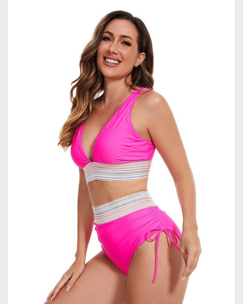 Bikini Deux Pièces Femme Taille Haute Gainante Colorblock Froncé Bretelles Réglables Coques Plage Piscine Vacances Été – Colorina