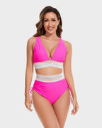 Bikini Deux Pièces Femme Taille Haute Gainante Colorblock Froncé Bretelles Réglables Coques Plage Piscine Vacances Été – Colorina