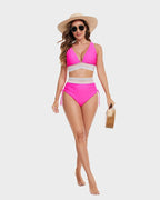 Bikini Deux Pièces Femme Taille Haute Gainante Colorblock Froncé Bretelles Réglables Coques Plage Piscine Vacances Été – Colorina
