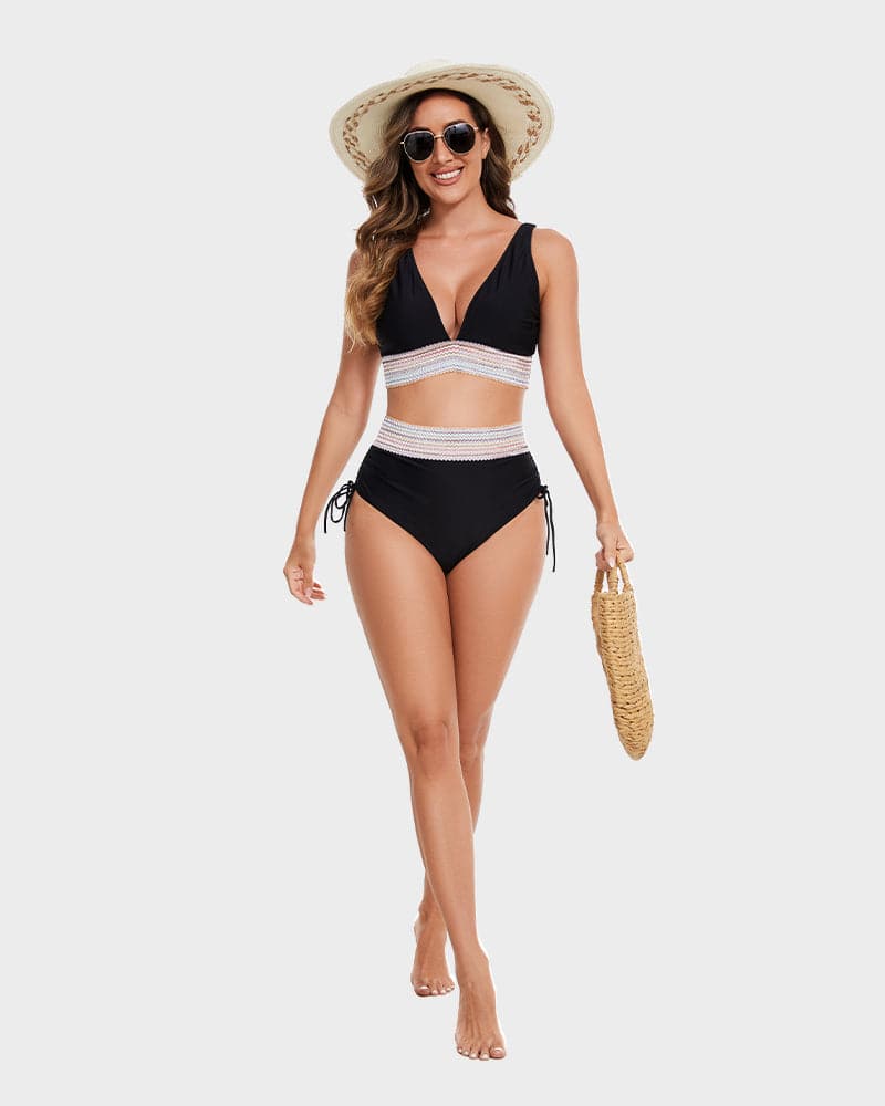 Bikini Deux Pièces Femme Taille Haute Gainante Colorblock Froncé Bretelles Réglables Coques Plage Piscine Vacances Été – Colorina