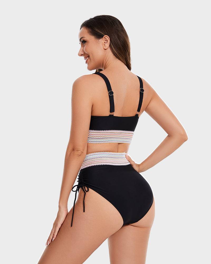 Bikini Deux Pièces Femme Taille Haute Gainante Colorblock Froncé Bretelles Réglables Coques Plage Piscine Vacances Été – Colorina