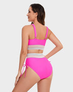 Bikini Deux Pièces Femme Taille Haute Gainante Colorblock Froncé Bretelles Réglables Coques Plage Piscine Vacances Été – Colorina
