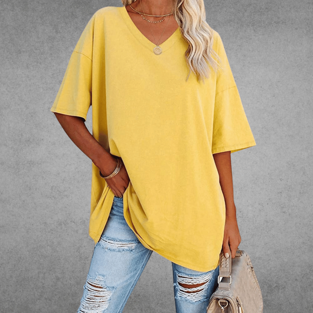 T-shirt Femme Col V Oversize Manches Courtes Coupe Ample Décontractée - Hiverline