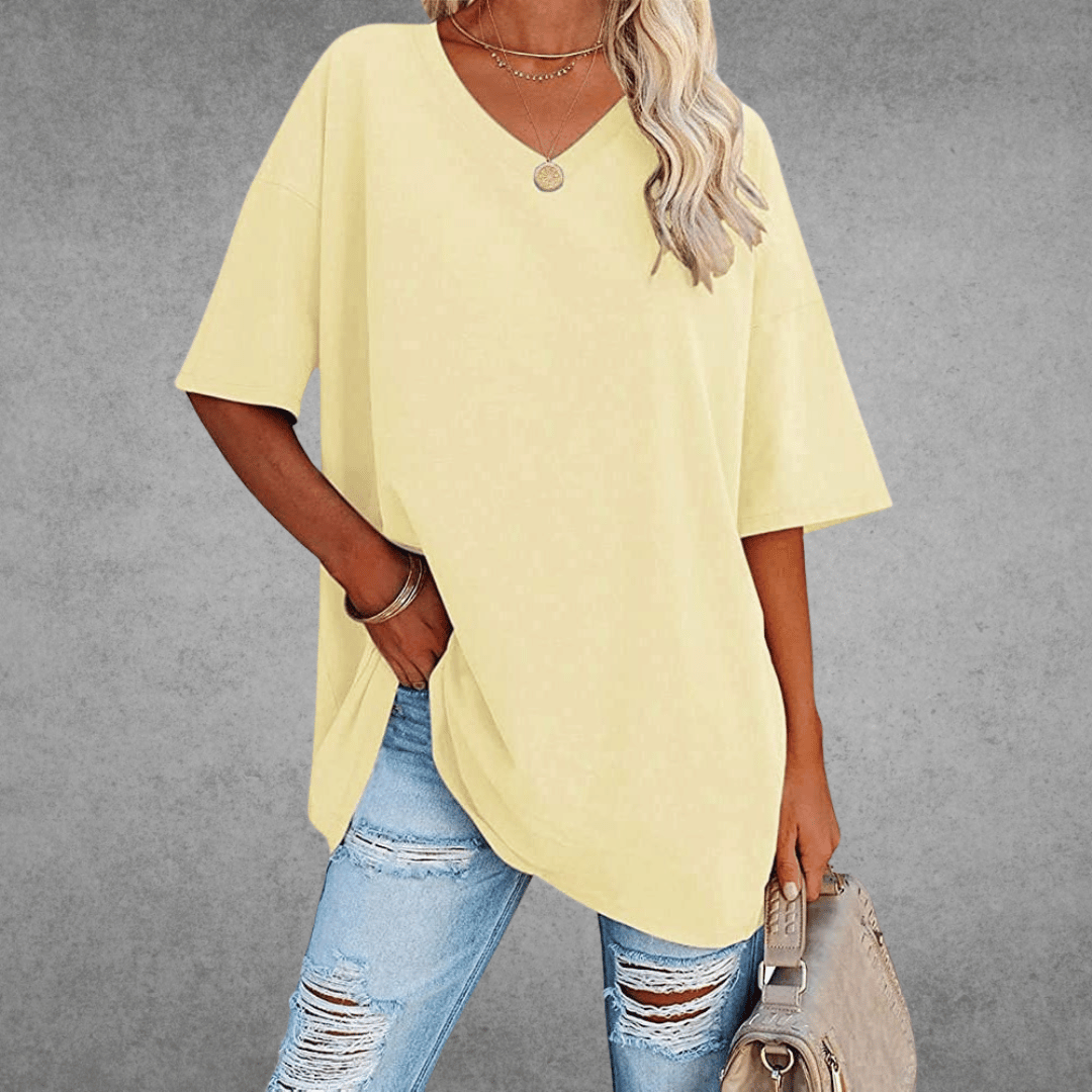 T-shirt Femme Col V Oversize Manches Courtes Coupe Ample Décontractée - Hiverline