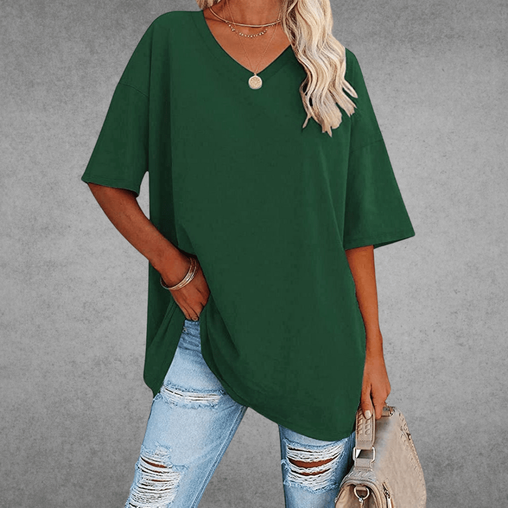 T-shirt Femme Col V Oversize Manches Courtes Coupe Ample Décontractée - Hiverline