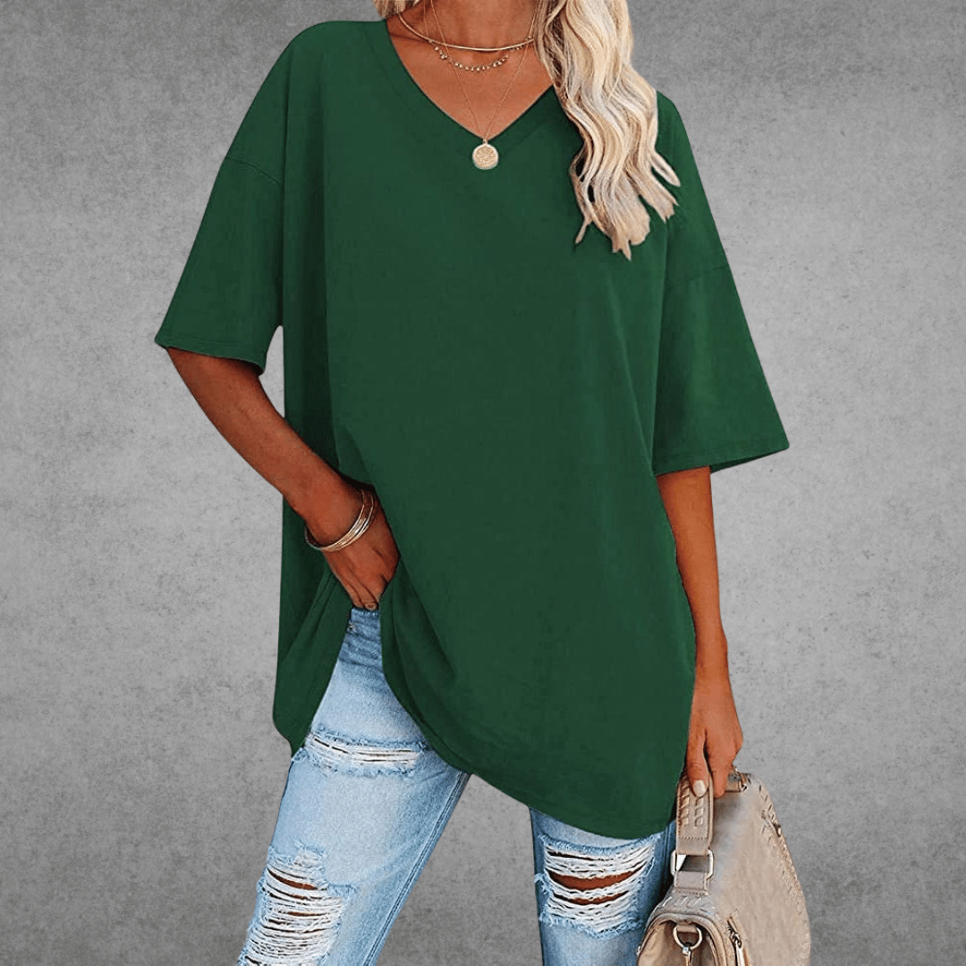 T-shirt Femme Col V Oversize Manches Courtes Coupe Ample Décontractée - Hiverline