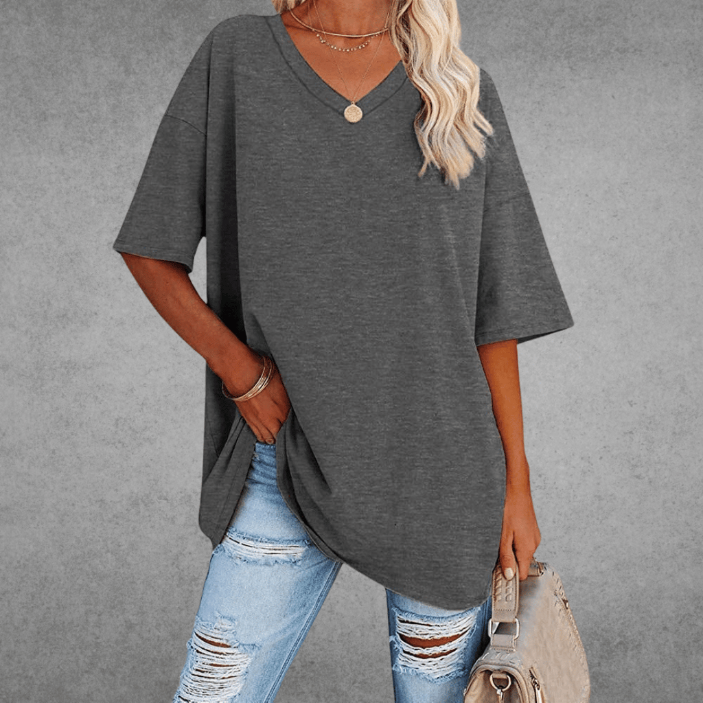 T-shirt Femme Col V Oversize Manches Courtes Coupe Ample Décontractée - Hiverline